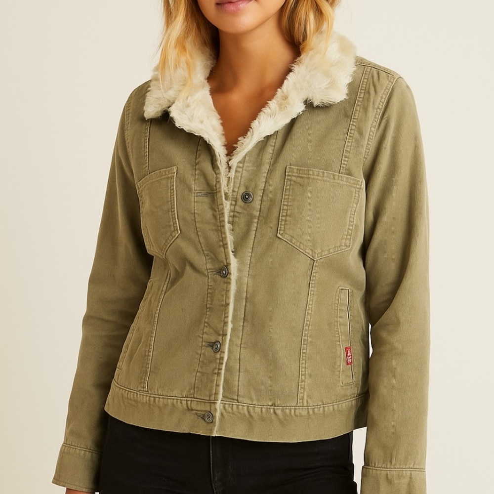 Hollister Co. | Tan Corduroy Jacket Faux Sherpa Fur Collar Large Button Up 90’s